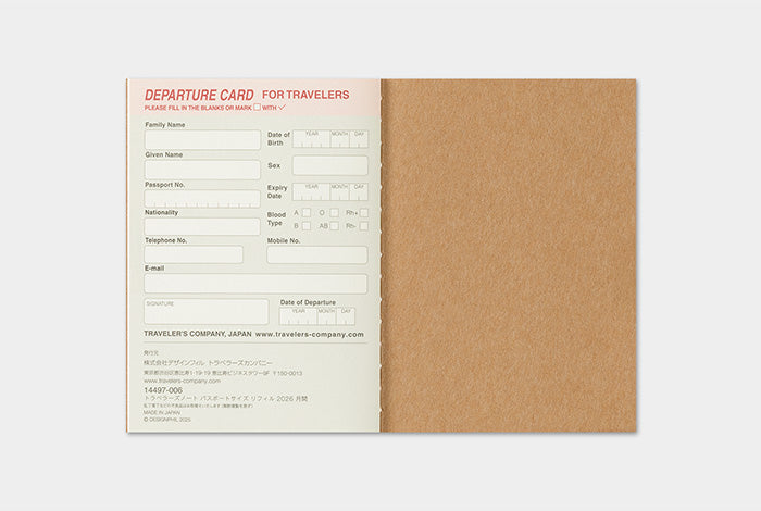 TRAVELER'S COMPANY Notebook Passport Refill - 2026 Monthly Diary