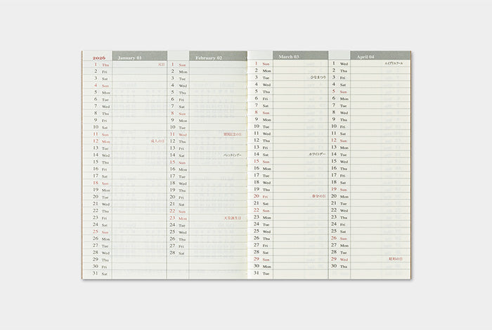 TRAVELER'S COMPANY Notebook Passport Refill - 2026 Weekly Diary