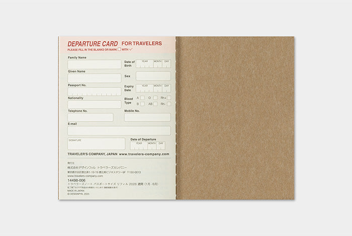 TRAVELER'S COMPANY Notebook Passport Refill - 2026 Weekly Diary