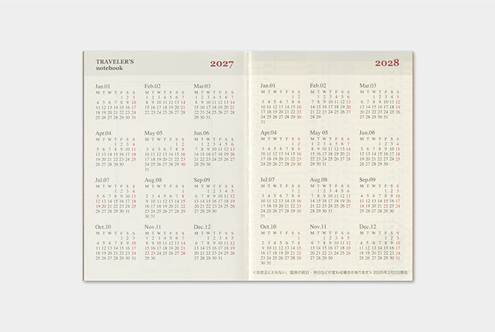 TRAVELER'S COMPANY Notebook Passport Refill - 2027 Weekly Diary