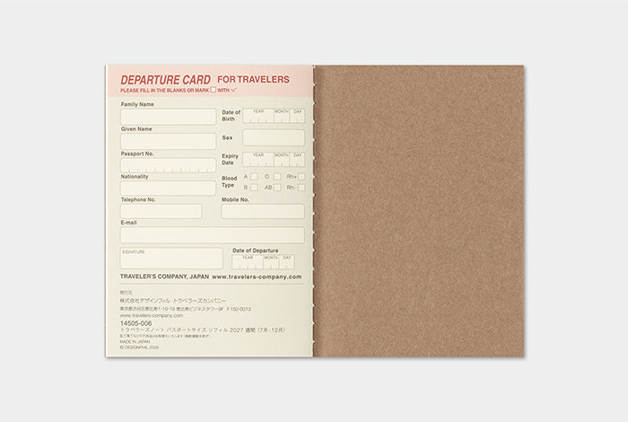 TRAVELER'S COMPANY Notebook Passport Refill - 2027 Weekly Diary